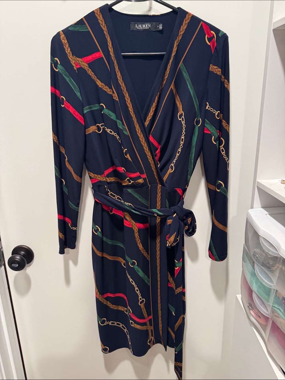 Lauren Ralph Lauren Navy Wrap Dress with Red, Green and Brown Chain Print